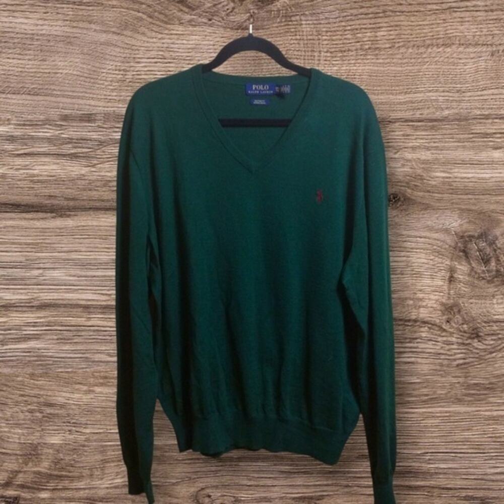 Polo Ralph Lauren green 100% merino wool v neck sweater XXL